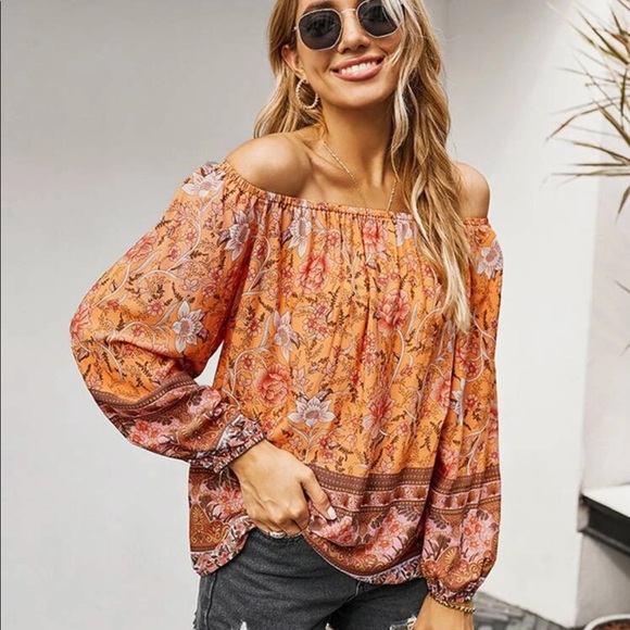 Boho floral print off shoulder blouse- Yellow - Picture 8 of 12